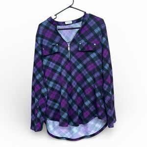 Plaid Long Sleeve Top - Purple and Blue